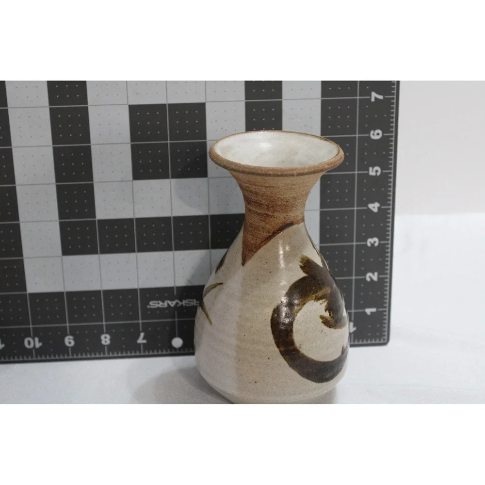 Studio Pottery Bud Vase Handcrafted Stoneware Abstract Brown Brushstrokes 5.25